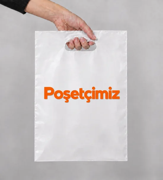Turuncu Poşetçimiz logolu beyaz el geçme mağaza poşeti tasarım görseli